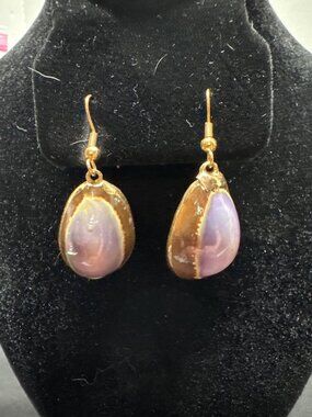 Cowrie Shell Drop Earrings With Gold Hooks - Purple & Brown Tones - Boho Beach V